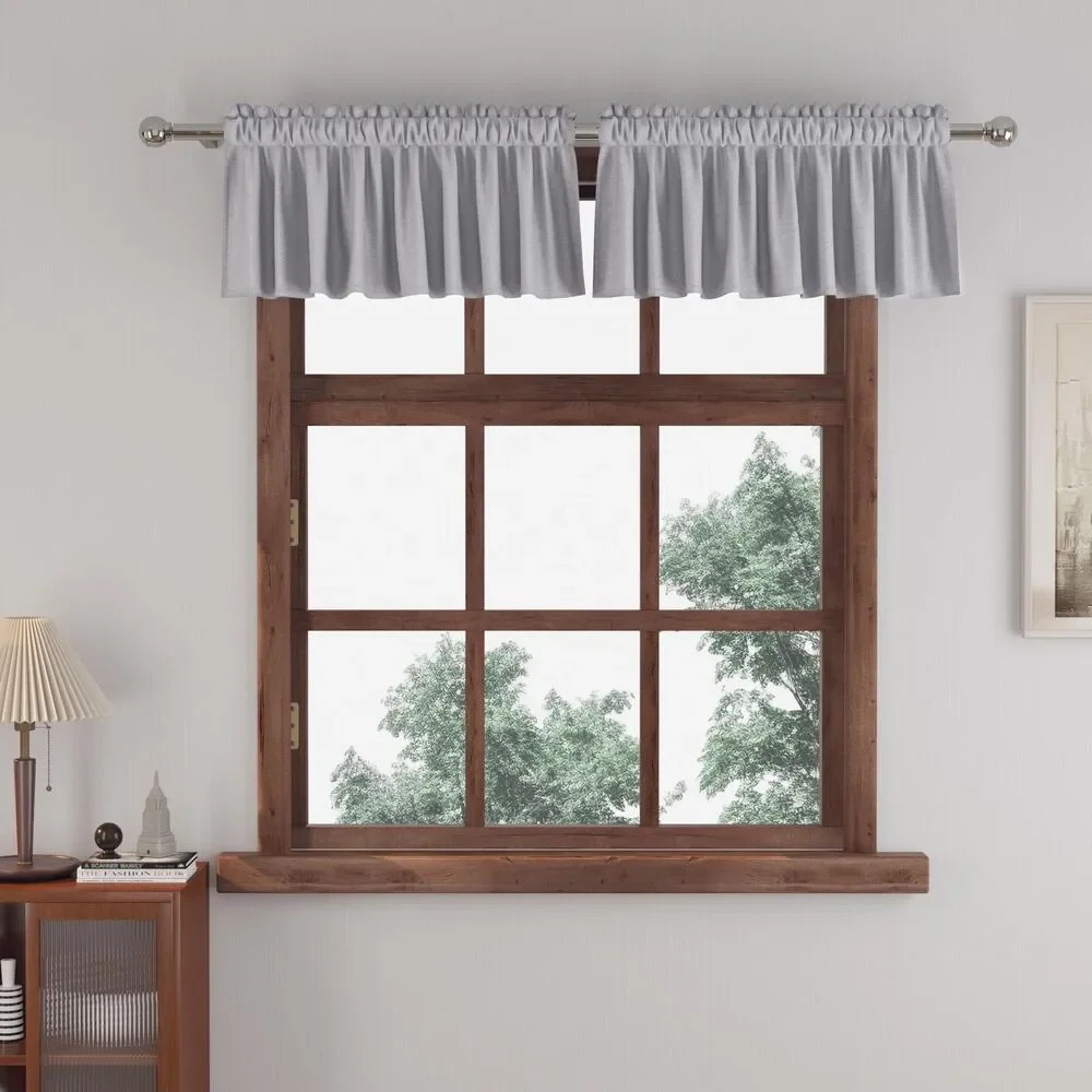 Set of 2, 34W by 10L Faux Linen Textured Kitchen Window Curtain Valance